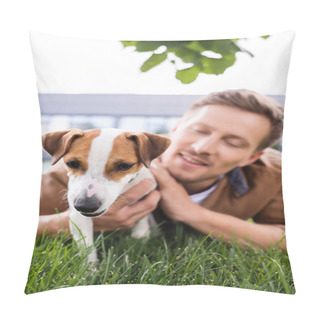 Personality  Selective Focus Of Young Man Lying On Green Grass With Jack Russell Terrier Dog Pillow Covers