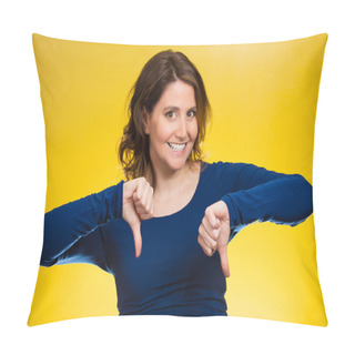 Personality  Woman Showing Thumbs Down Hand Gesture, Happy Someone Made Mistake Pillow Covers