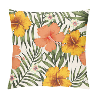 Personality  Hibiscus Pink Yellow Palm Leaves Green Seamless Pattern Pillow Covers