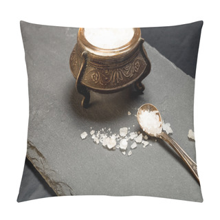 Personality  Sea Salt In An Old Salt Shaker On A Plate Of Slate On A Black Ba Pillow Covers