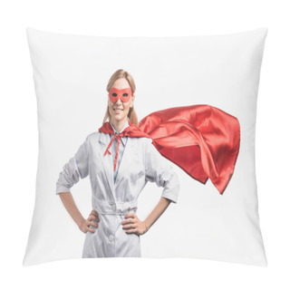 Personality  Happy Nurse In Superhero Mask And Cloak Standing With Hands On Hips Isolated On White Pillow Covers