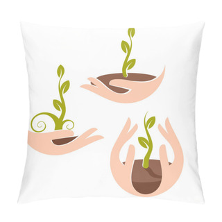 Personality  Isolated Abstract Natural Logotype Set. Green Color Plant In Human Hands Logo Collection. Sprout In Palms Icon. Gardening Sign. Growth And Development Symbol. Vector Nature Protection Illustration. Pillow Covers