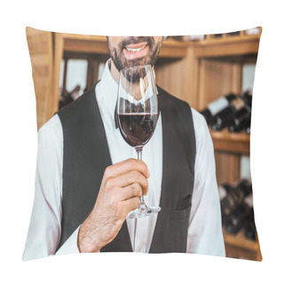 Personality  Cropped Shot Of Smiling Sommelier Sniffing Red Wine From Glass At Wine Store Pillow Covers