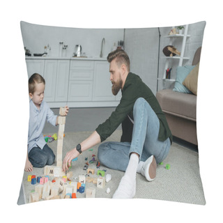 Personality  Father And Son Playing With Wooden Blocks Together At Home Pillow Covers