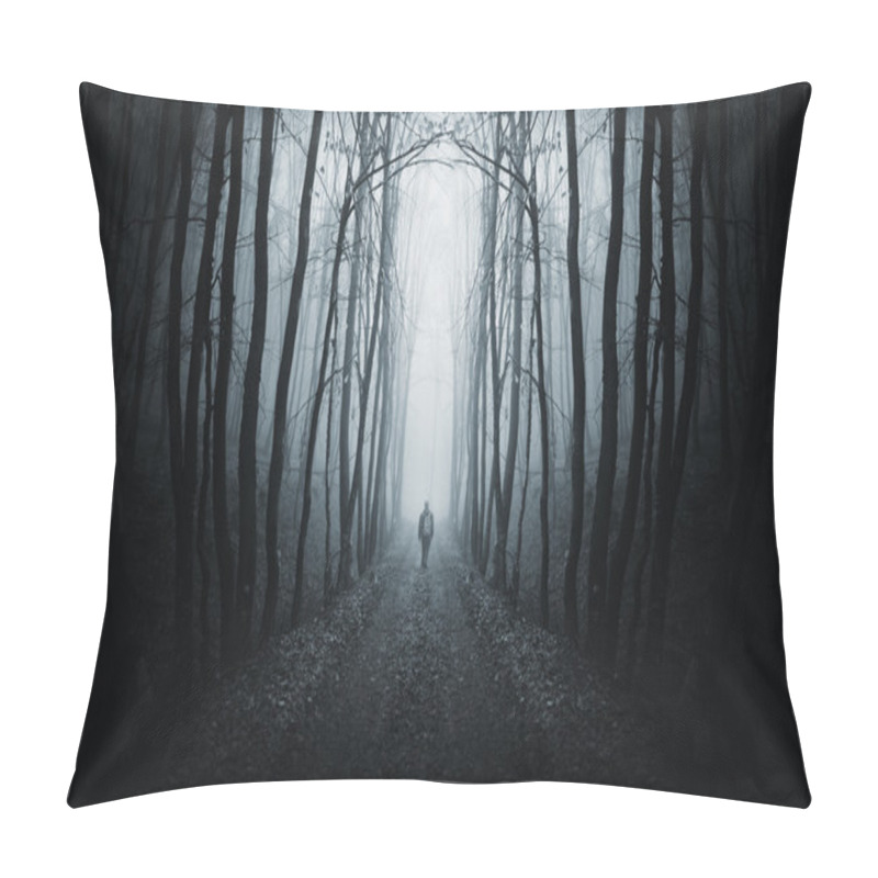 Personality  Man walking on a path in a dark forest with fog pillow covers
