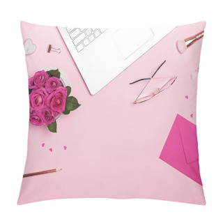 Personality  Laptop, Roses, Small Papr Hearts And Other Accessories On The Pink Background, Top View Pillow Covers