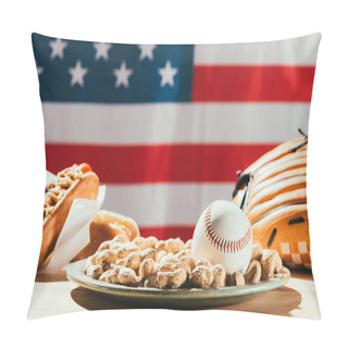 Personality  Close-up View Of Baseball Ball On Plate With Peanuts, Leather Glove And Hot Dogs On Table With Us Flag Behind Pillow Covers