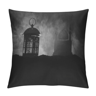 Personality  Ornamental Arabic Lantern With Burning Candle Glowing At Night On Dark Toned Foggy Background. Festive Greeting Card, Invitation For Muslim Holy Month Ramadan Kareem(Eid Holiday) Dark Background. Pillow Covers