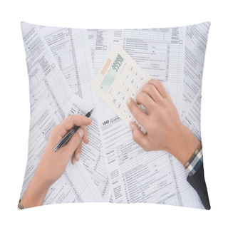 Personality  Cropped View Of Man Filling Tax Forms And Using Calculator  Pillow Covers