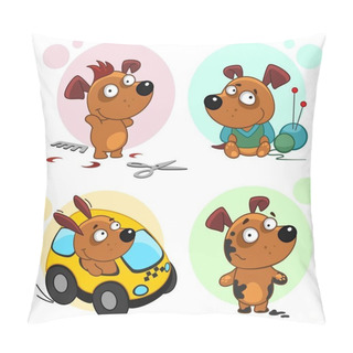 Personality  The Fourth Part Of The Collection Of Icons With Dogs For Design. A Trimmed Dog With A Beautiful Hairstyle With Scissors And A Comb, A Dog In A Knitted Sweater With Knitting Needles And Balls, The Dog Goes To A Taxi And A Dog In Dirty. Pillow Covers