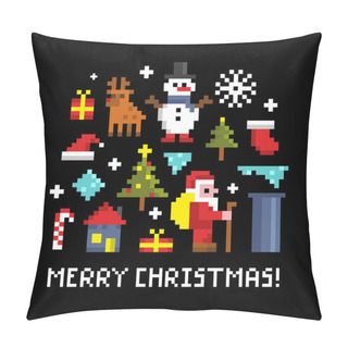 Personality  Merry Christmas Card With Retro Pixel Characters On Black Background. Pillow Covers