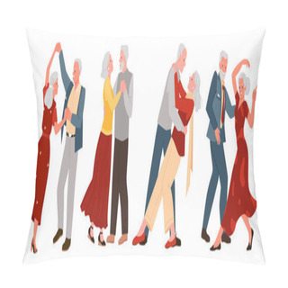 Personality  Slow And Fun Dance Of Senior Couple Set Vector Illustration. Cartoon Isolated Collection With Pair Of Old Man And Woman Dancing To Music Together, Dance Club Or School For Older Romantic Grandparents Pillow Covers