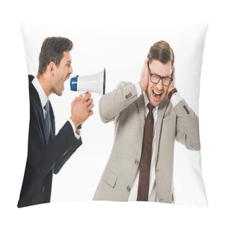 Personality  Angry Boss Shouting With Loudspeaker At Scared Employee Isolated On White Pillow Covers