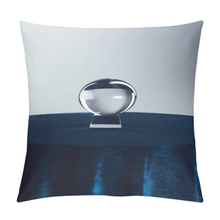 Personality  Crystal Ball On Round Table With Dark Blue Tablecloth On Grey Background Pillow Covers
