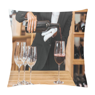 Personality  Cropped Shot Of Female Wine Steward Pouring Wine Into Glasses At Wine Store Pillow Covers