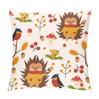 Personality  Seamless Pattern With Hedgehog And Bird In The Autumn Forest - Vector Illustration, Eps Pillow Covers