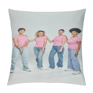 Personality  Interracial Women Different Age Standing On Grey Backdrop, Support, Breast Cancer Awareness, Diverse Pillow Covers