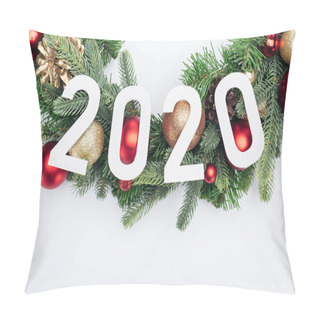 Personality  Top View Of 2020 Numbers On Christmas Tree Wreath On White Background Pillow Covers