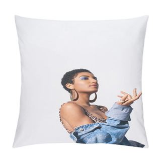 Personality  Young Short Haired African American Woman With Bold Makeup Posing In Top With Animal Print And Denim Jacket While Looking Away Isolated On Grey, Denim Fashion Concept Pillow Covers