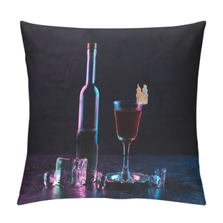 Personality  Glass Of Alcohol Cocktail, Bottle Of Liquor And Ice Cubes On Dark Surface Pillow Covers