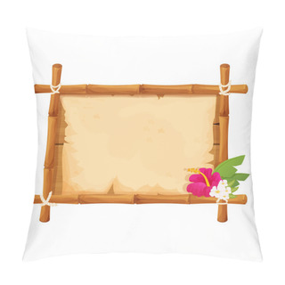 Personality  Hawaiian Bamboo Wooden Frame With Parchment And Tropical Flowers In Cartoon Style Isolated On White Background. Empty Signboard, Template Poster. Pillow Covers