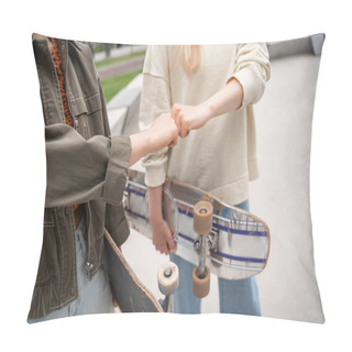Personality  Partial View Of Women With Skateboards Doing Fist Bump Outdoors Pillow Covers