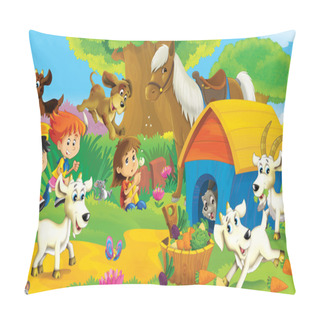 Personality  The Children On The Farm Playing With The Farm Animals Pillow Covers