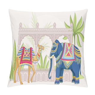 Personality  Mughal Elephant And Camel Concept. Traditional Indian Holiday. Wild Animals In Traditional Oriental Accessories. Asian Culture. Design Element For Postcard. Cartoon Flat Vector Illustration Pillow Covers