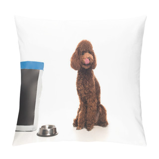 Personality  Brown Poodle Licking Face And Sitting Near Pet Food Bag And Metallic Bowl On White Pillow Covers