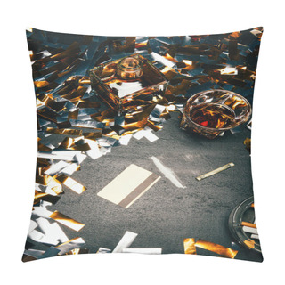 Personality  Top View Of Whiskey, Rolled Banknote, Credit Card And Cocaine On Table Covered By Golden Confetti  Pillow Covers