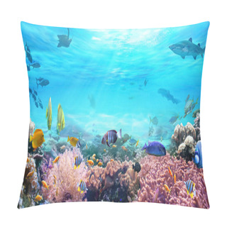 Personality  Animals Of The Underwater Sea World. Life In A Coral Reef. Colorful Tropical Fish. Hunting Shark. Ecosystem. Pillow Covers