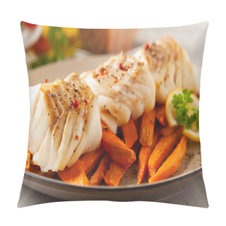 Personality  Fried Pieces Of Cod Loin, Served With Sweet Potato Fries. Light Stone Background.  Pillow Covers