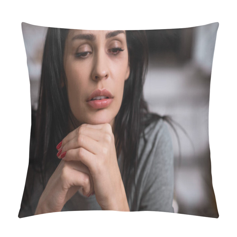 Personality  Frustrated Woman With Bruise On Face Looking Down, Domestic Violence Concept  Pillow Covers