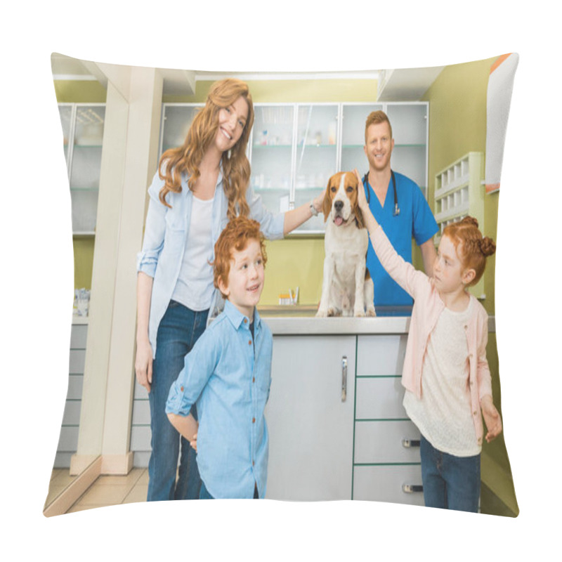Personality  Woman, children with dog at veterinary doctor  pillow covers