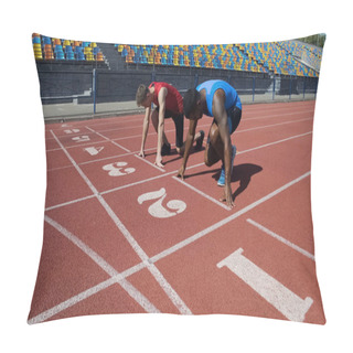 Personality  Two Multiracial Athletes In Starting Position, Ready To Run After Command Pillow Covers