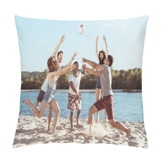 Personality  Friends Playing Beach Volleyball On Riverside Pillow Covers