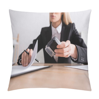 Personality  Partial View Of Lawyer With Pen And Stamper Working With Contract On Blurred Background Pillow Covers
