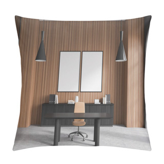 Personality  Interior Of Modern CEO Office With Grey And Dark Wooden Walls, Office Table, Black File Cabinet And Two Vertical Mock Up Posters Hanging Above It. Advertising Concept. 3d Rendering Pillow Covers