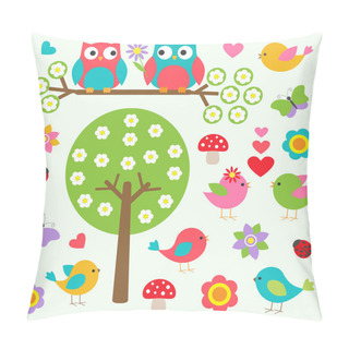 Personality  Birds And Owls In Spring Forest Pillow Covers