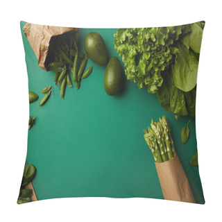 Personality  Top View Of Different Green Ripe Vegetables On Green Surface Pillow Covers
