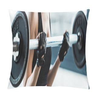Personality  Panoramic Shot Of Woman Working Out With Barbell In Gym  Pillow Covers