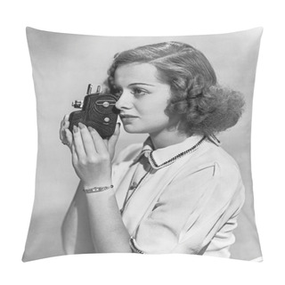 Personality  Portrait Of Woman Holding A Movie Camera Pillow Covers