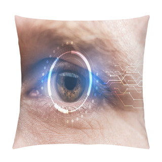 Personality  Close Up View Of Mature Human Eye With Data Illustration, Robotic Concept Pillow Covers
