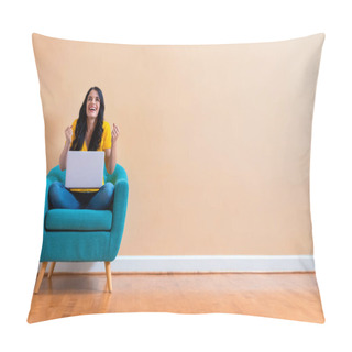 Personality  Young Woman With A Laptop Computer With Successful Pose Pillow Covers