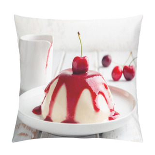 Personality  Italian Panna Cotta Dessert With Cherry Coulis On A White Wooden Table Pillow Covers