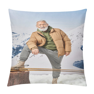 Personality  Sporty Santa Posing With Raised Leg Near Skis With Snowy Mountain On Backdrop, Winter Concept Pillow Covers