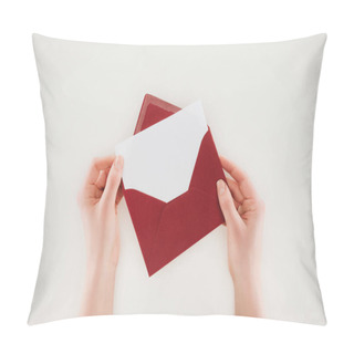 Personality  Cropped Shot Of Woman Opening Red Envelope With Blank Paper Isolated On White Pillow Covers