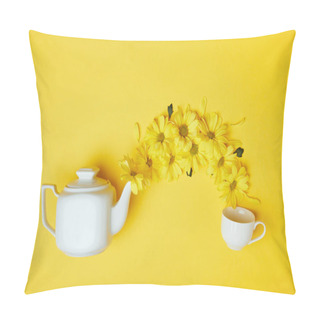 Personality  Yellow Chrysanthemums Pouring Into Cup From White Pot Isolated On Yellow Pillow Covers