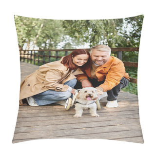 Personality  A Loving Couple And Their Furry Companion Enjoying A Peaceful Moment On A Park Bench. Pillow Covers