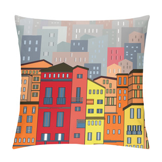 Personality  Abstract Colored City View In Outlines With Many Houses And Buildings As A Single Piece. Cartoon Style. Digital Vector Image. Pillow Covers